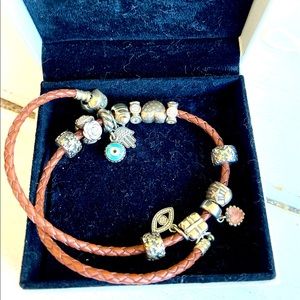 pandora double brown leather bracelet w/ 11 charms